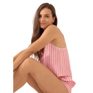 Love Secret pembe çizgili saten şortlu kadın gecelik takımı 2
