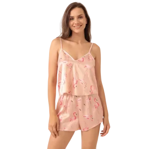 Love Secret Flamingo Desenli Saten Şortlu Gecelik Takım ön