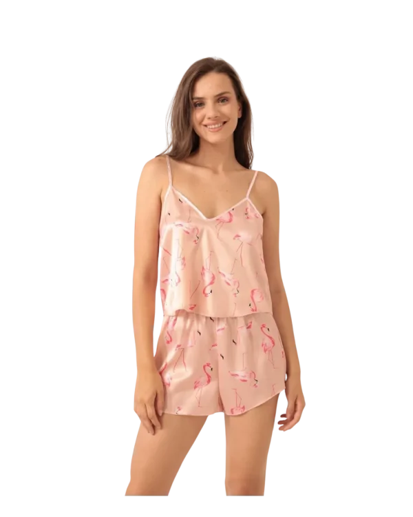 Love Secret Flamingo Desenli Saten Şortlu Gecelik Takım ön
