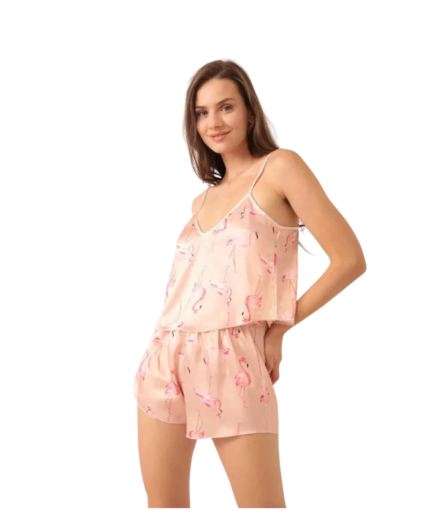 Love Secret Flamingo Desenli Saten Şortlu Gecelik Takım5