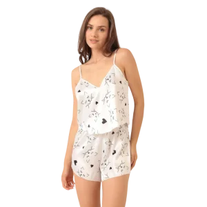 Love Secret Kedi Desenli Beyaz Saten Şortlu Gecelik Takım 3