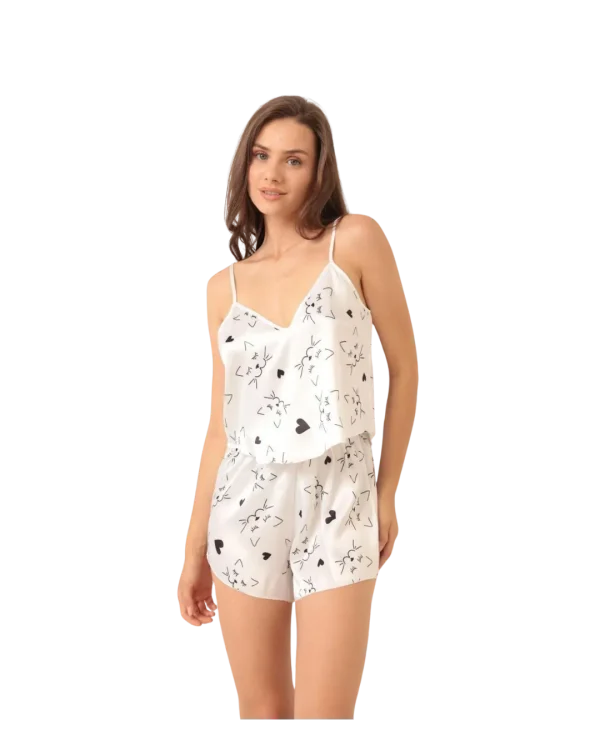 Love Secret Kedi Desenli Beyaz Saten Şortlu Gecelik Takım 3